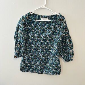 Buru 100% Cotton Blue and White Mini Floral Print Boatneck Blouse Size Medium